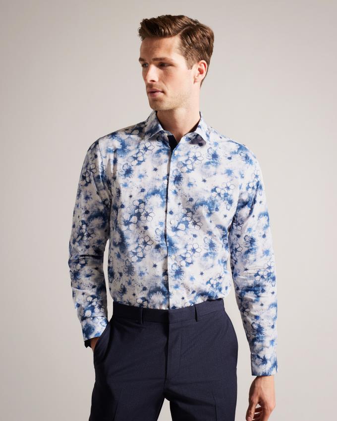 Chemises Ted Baker Watercolour Floral Long Sleeve Cotton Bleu Marine Homme | JFJ-30979697